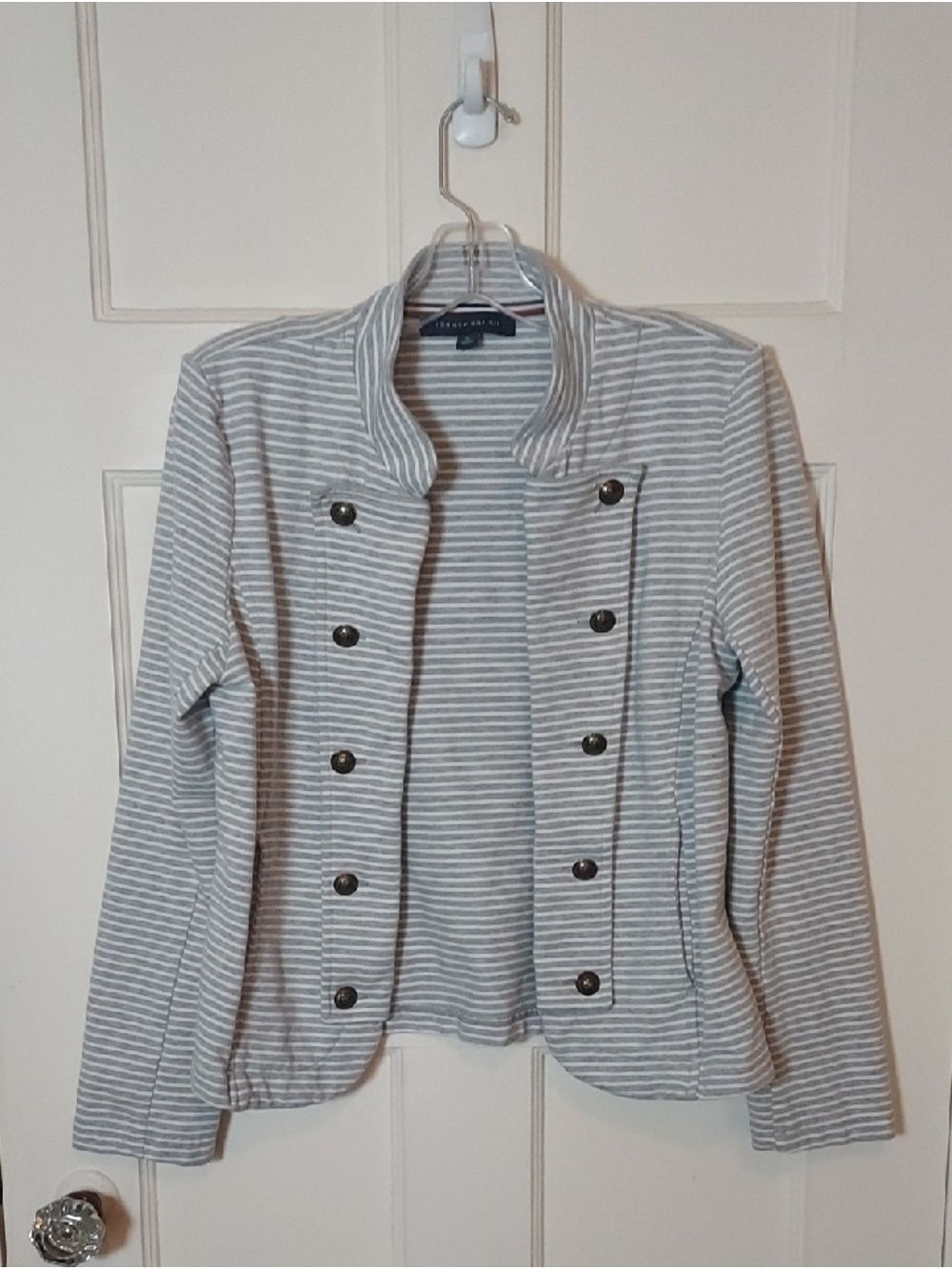 Tommy Hilfiger Light Gray & White Striped Military-Style Knit Blazer Size Medium